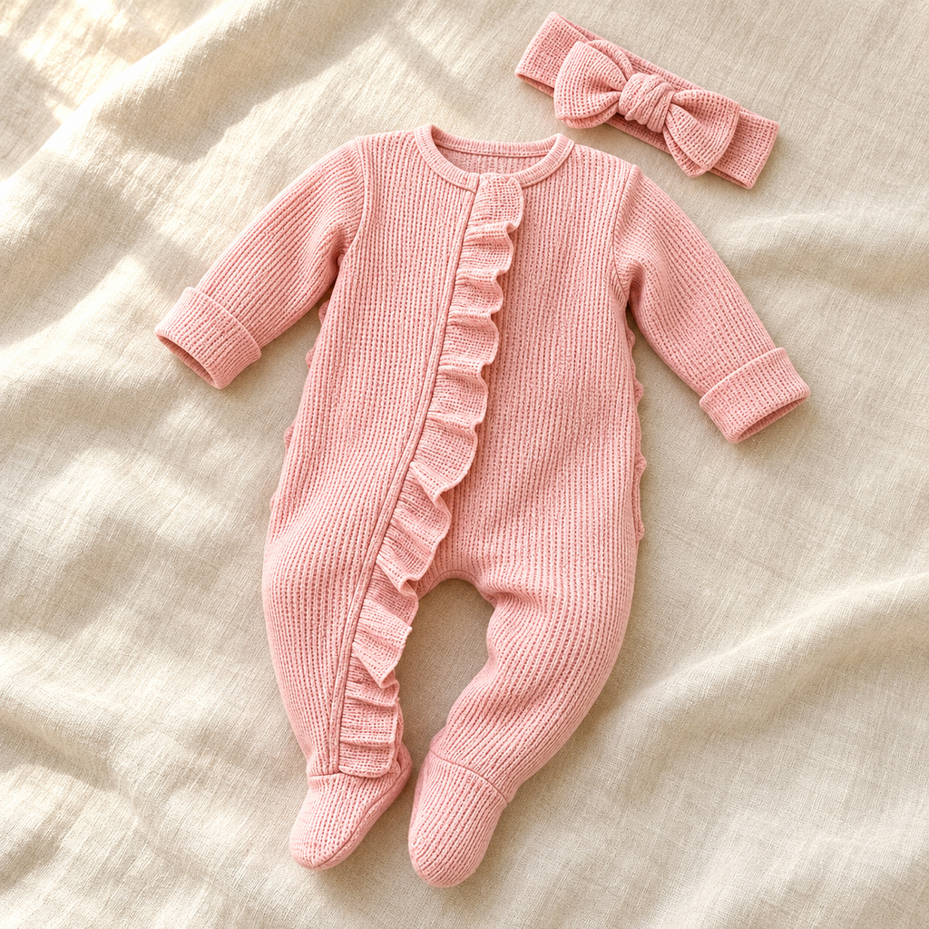 The Ruffle Footed Romper & Headband studio photograph on ivory linen