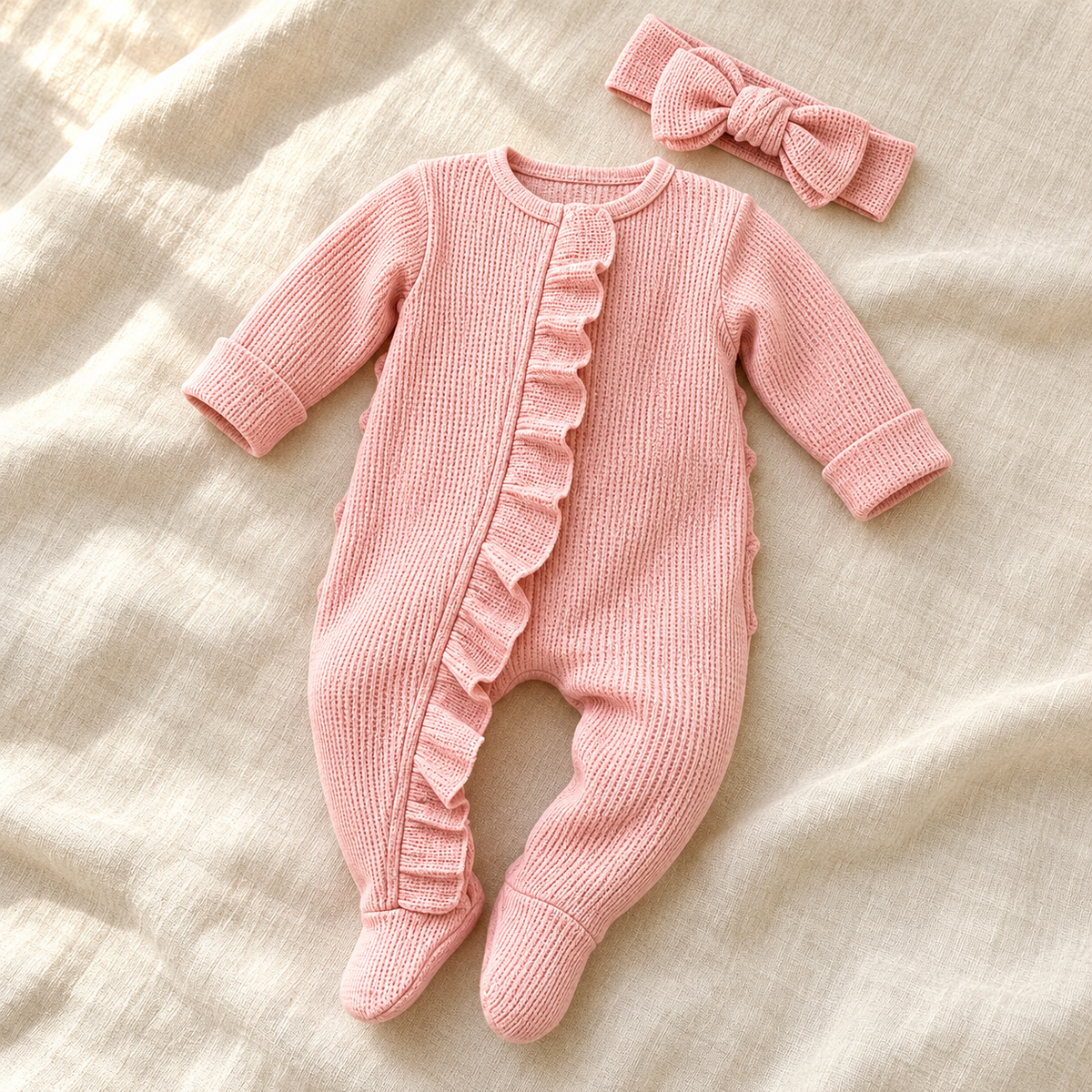 The Ruffle Footed Romper & Headband studio photograph on ivory linen