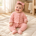 Baby wearing The Ruffle Footed Romper & Headband in a warm nursery