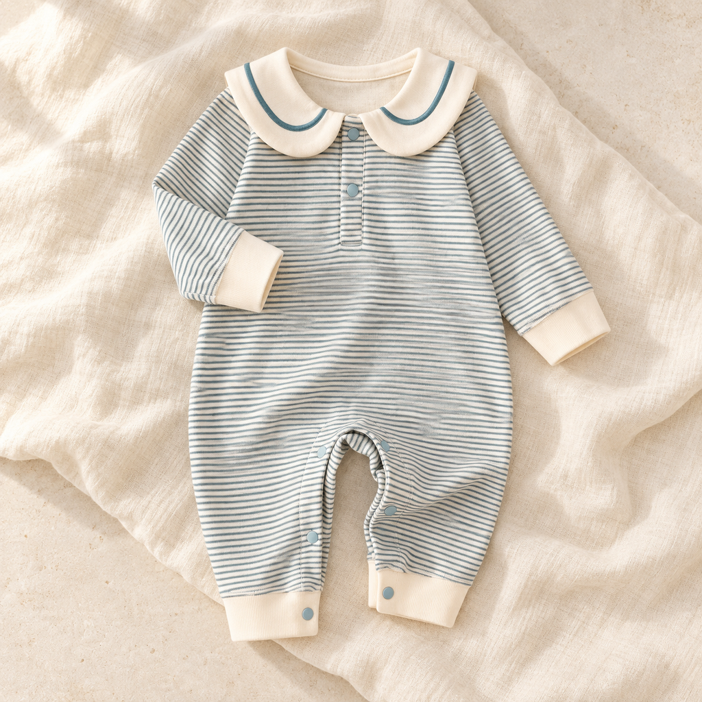 The Sailor Stripe Cotton Romper studio photograph on ivory linen