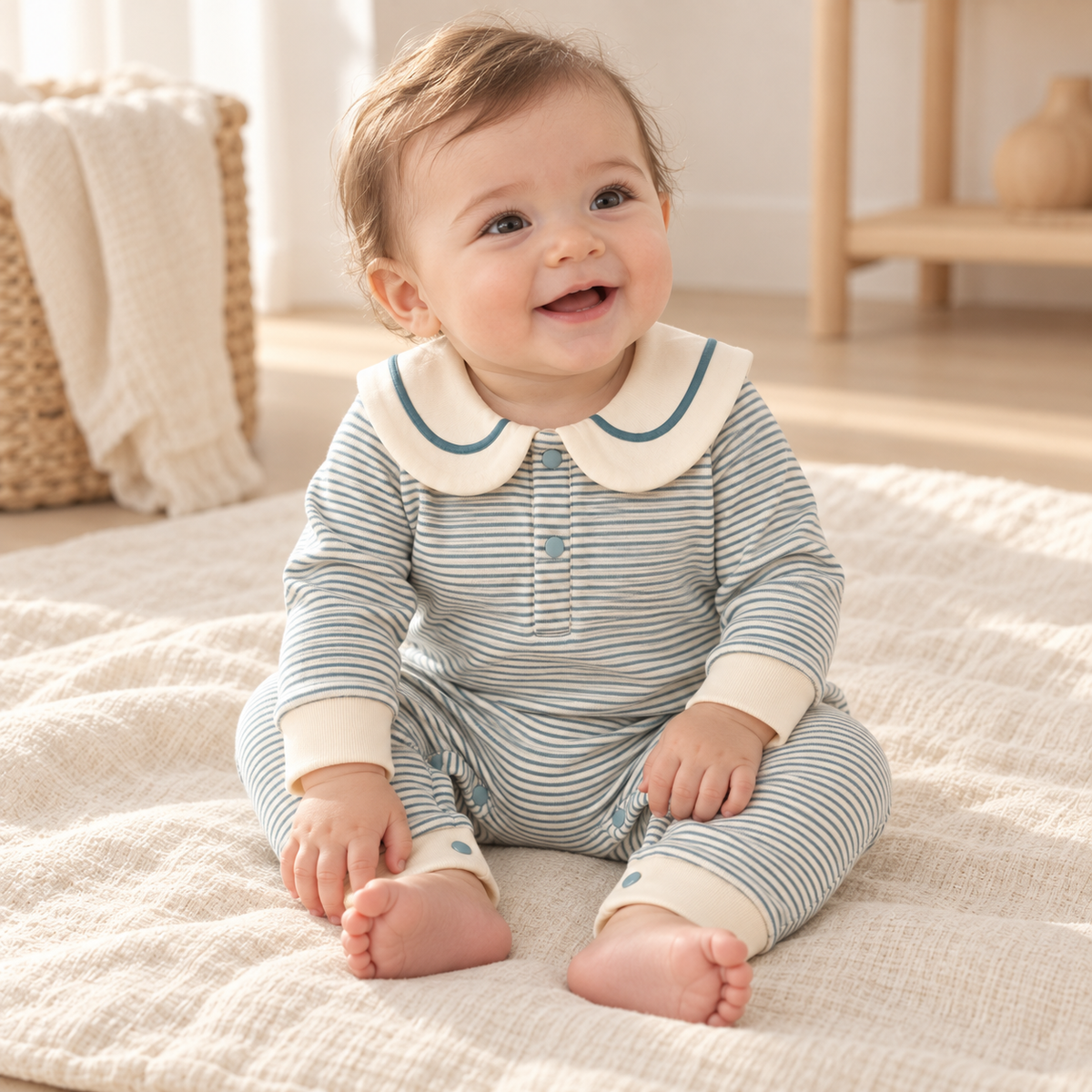 Baby wearing The Sailor Stripe Cotton Romper in a warm nursery