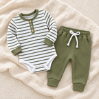 The Stripe Romper & Trouser Set studio photograph on ivory linen