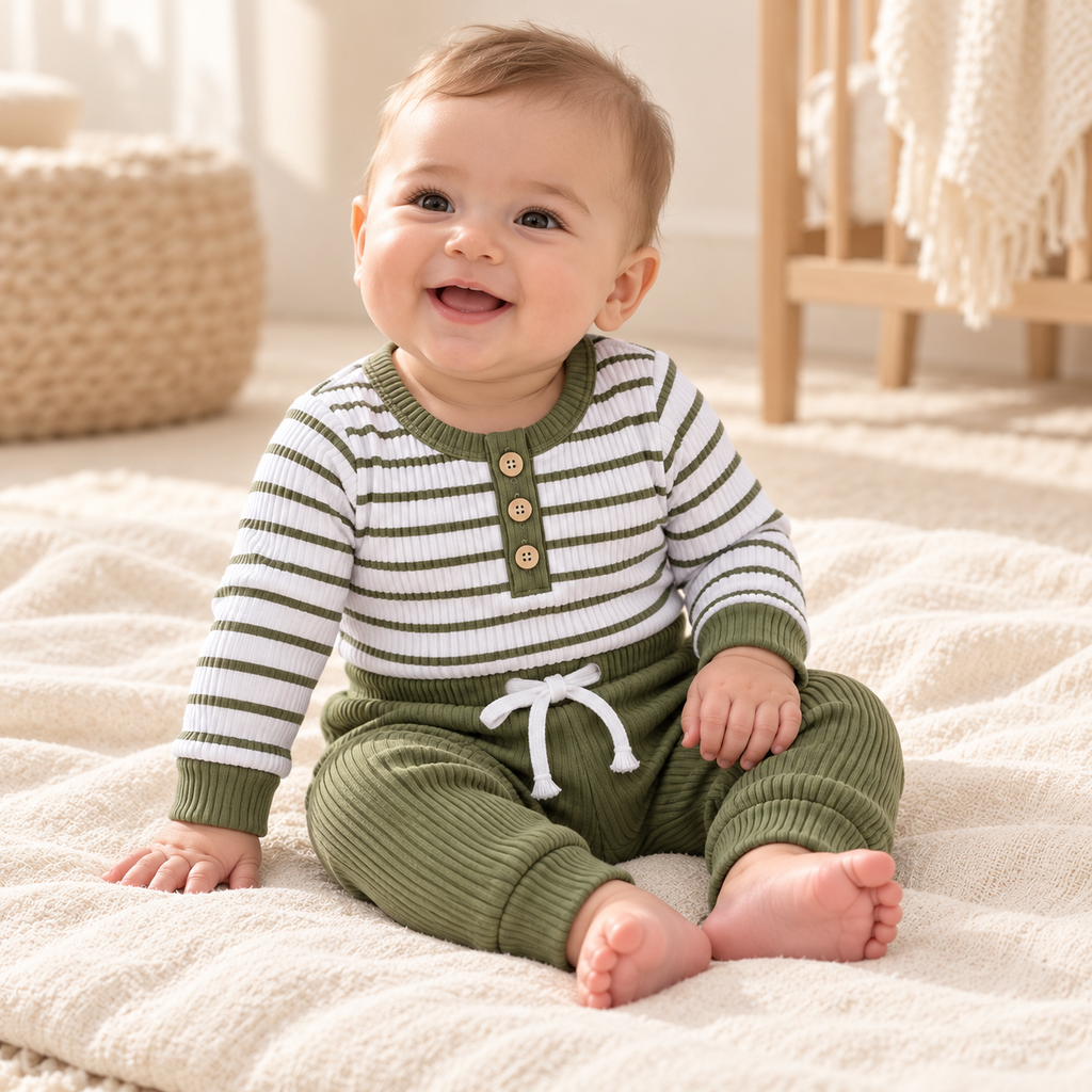 Baby wearing The Stripe Romper & Trouser Set in a warm nursery
