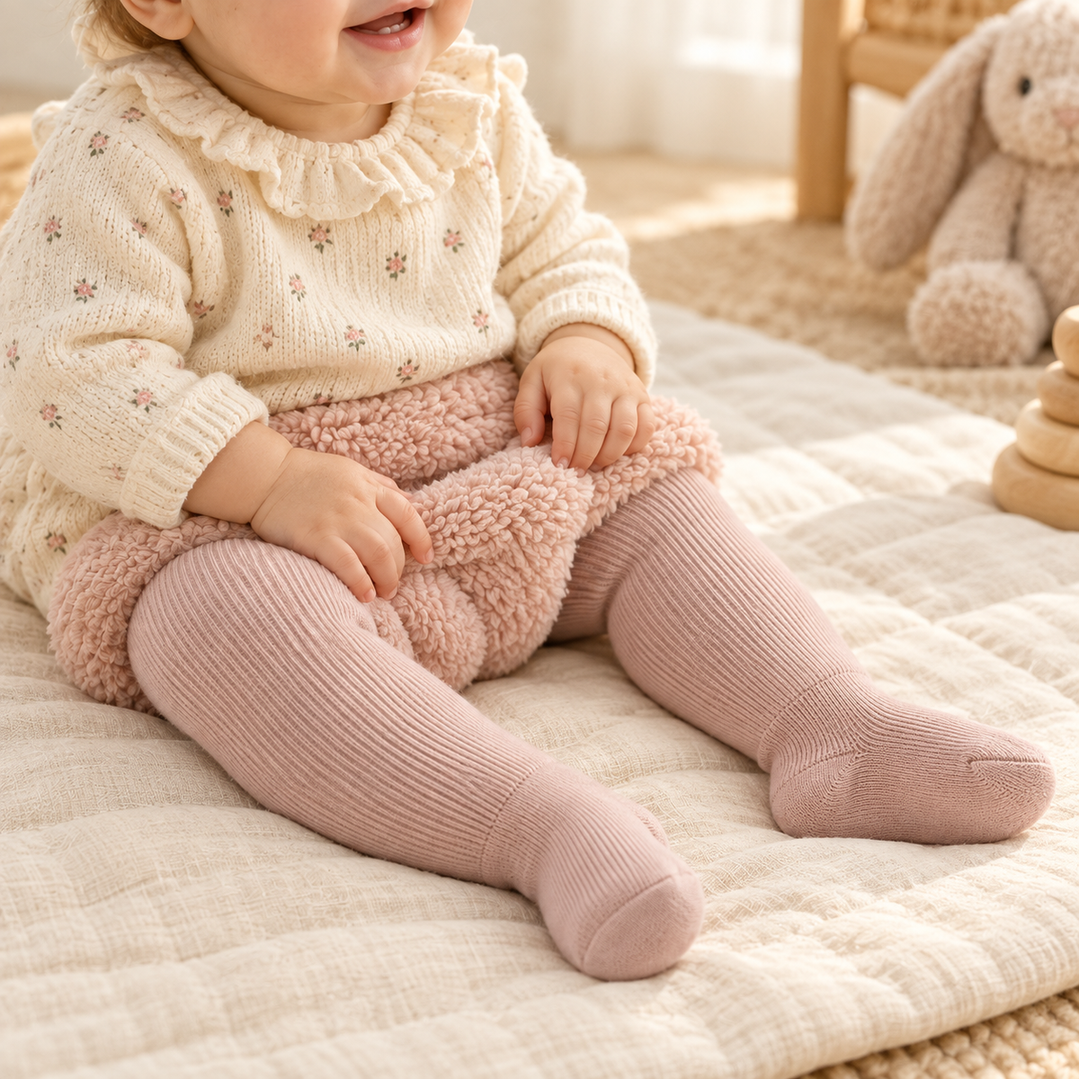 Baby wearing The Striped Fleece-Lined Tights in a warm nursery