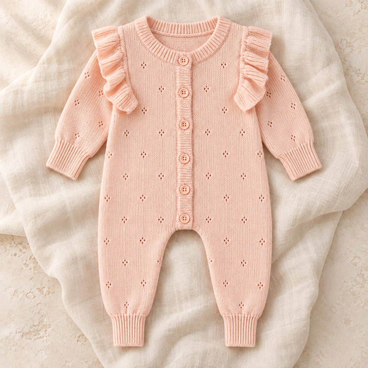 The Winter Knit Baby Romper studio photograph on ivory linen