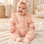Baby wearing The Winter Knit Baby Romper in a warm nursery
