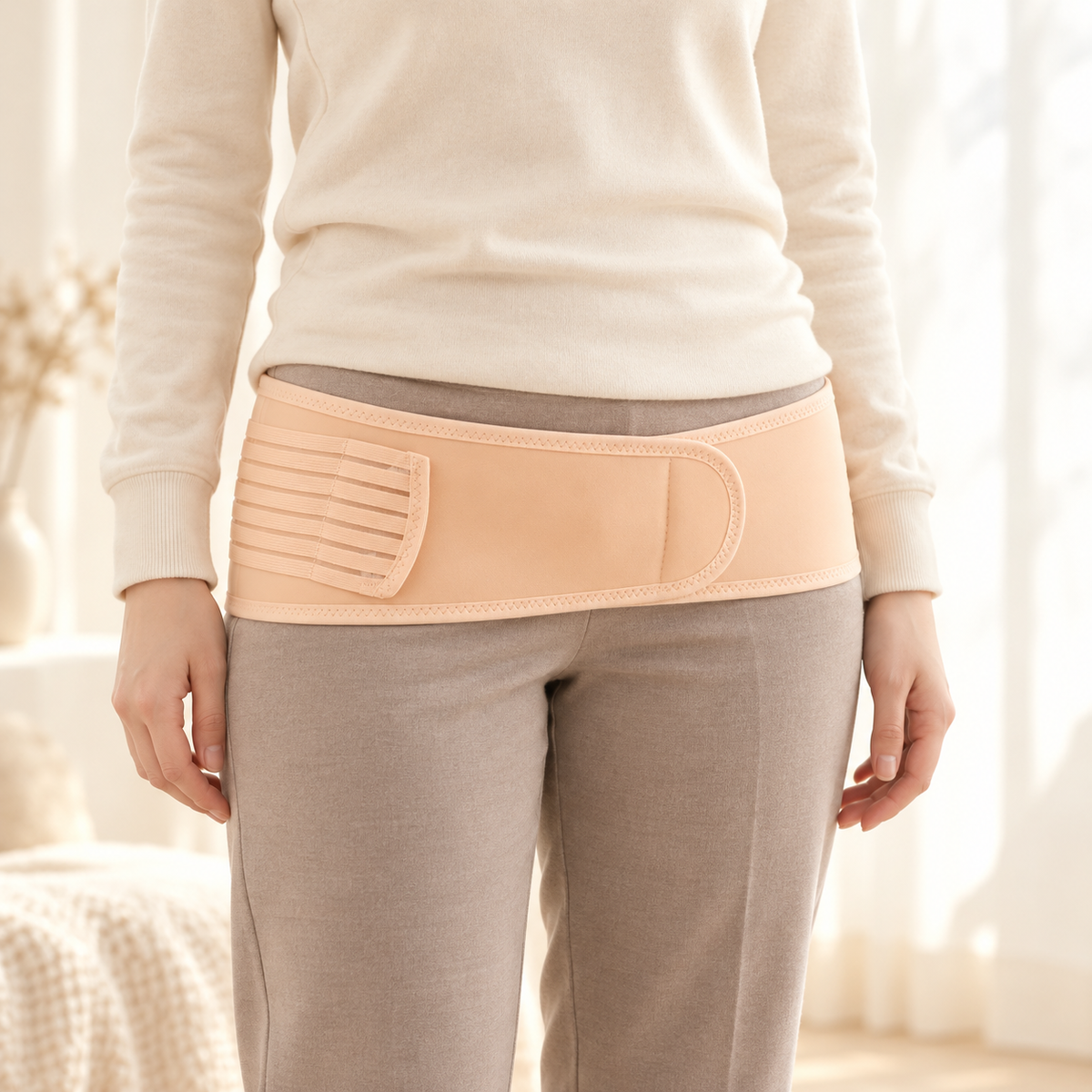 Maternity Waist Support Band — Beige, shown on an adult model