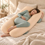 U-Shaped Pregnancy Pillow with Removable Cover, Beige, worn or used by an adult model
