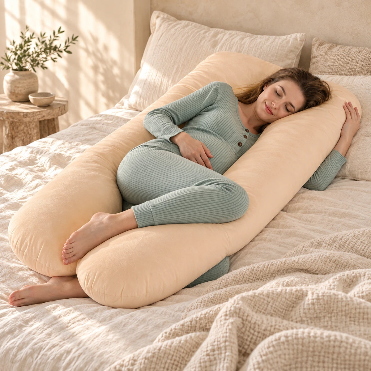 U-Shaped Pregnancy Pillow with Removable Cover, Beige, worn or used by an adult model