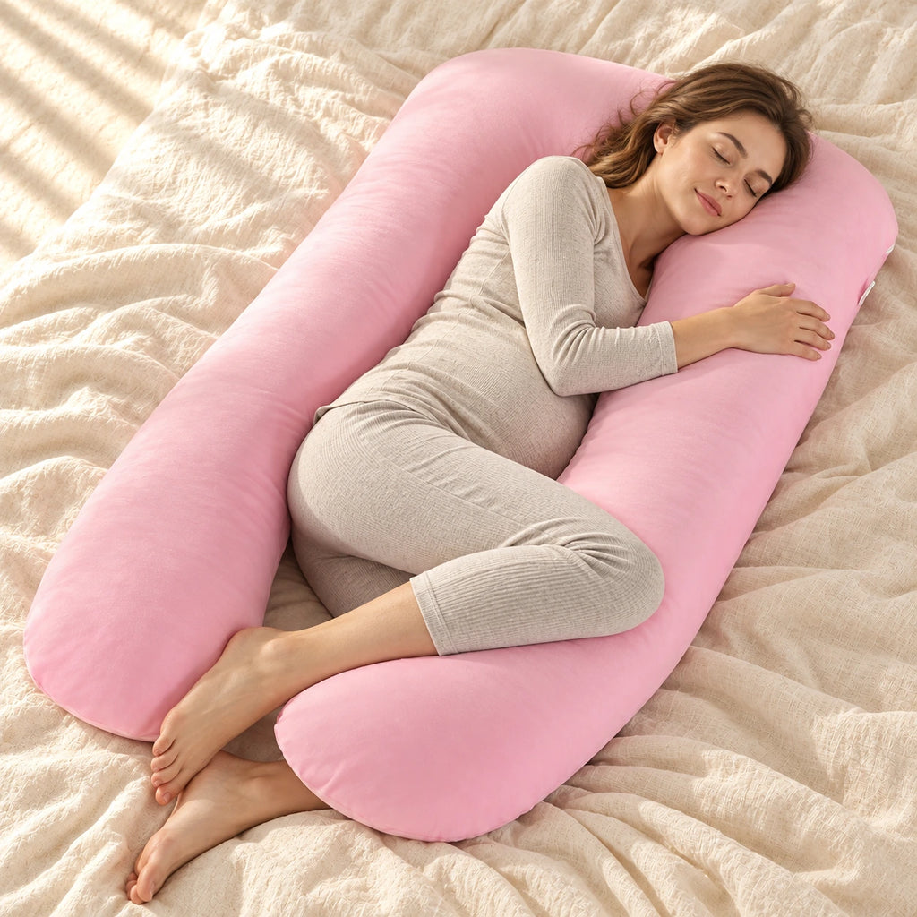 U-Shaped Pregnancy Pillow with Removable Cover, Pink, worn or used by an adult model