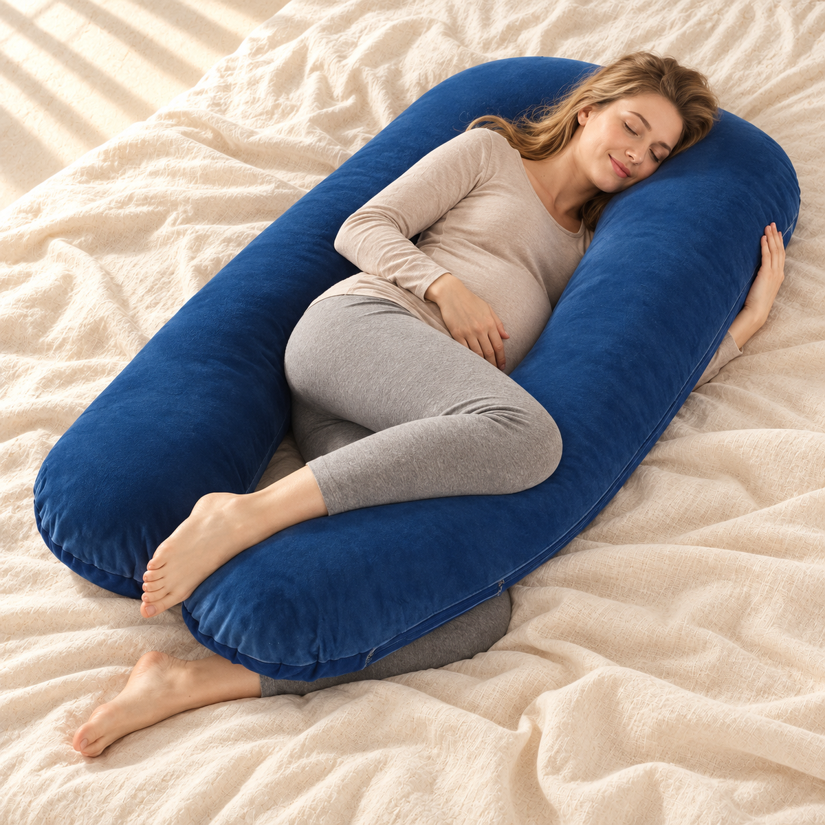 Dark Blue U-shaped pregnancy pillow in use by a woman on a cream linen bed