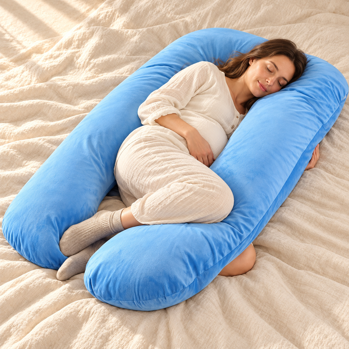 Light Blue U-shaped pregnancy pillow in use by a woman on a cream linen bed