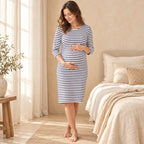 Striped Three-Quarter Sleeve Nursing Dress, WHITE, worn or used by an adult model