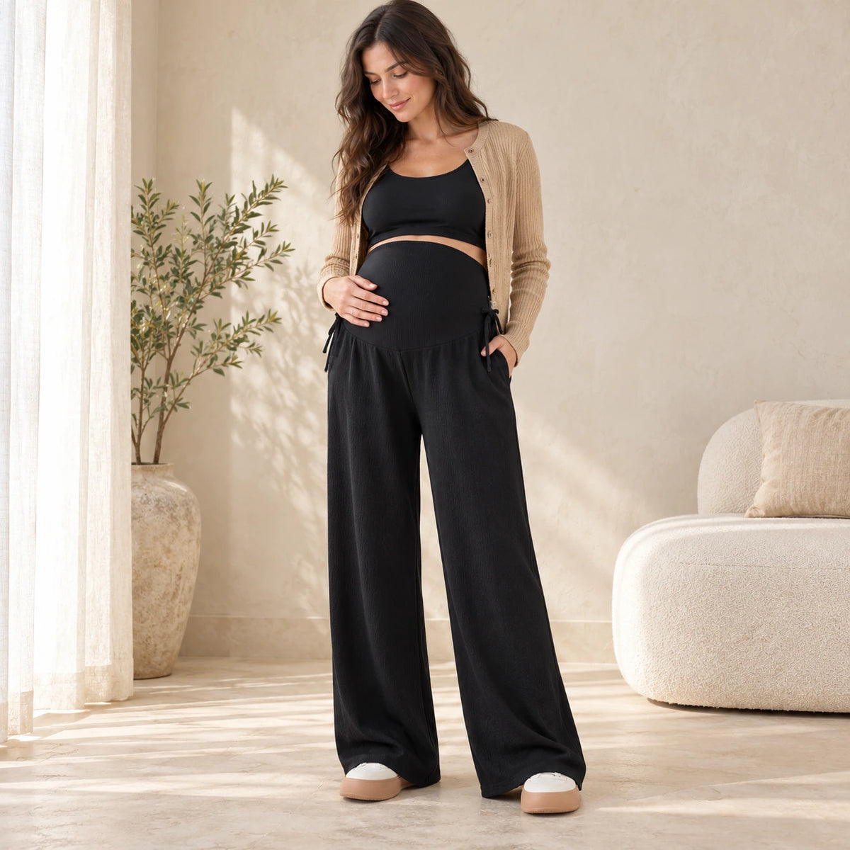 Drawstring Wide-Leg Maternity Trousers, BLACK, worn or used by an adult model