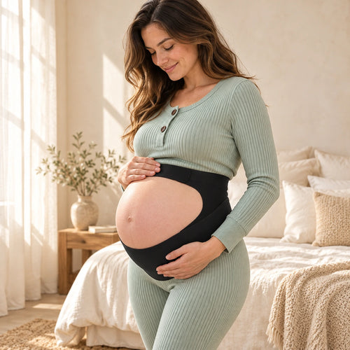 Adjustable Pregnancy Waist Support Belt, M Black, worn or used by an adult model
