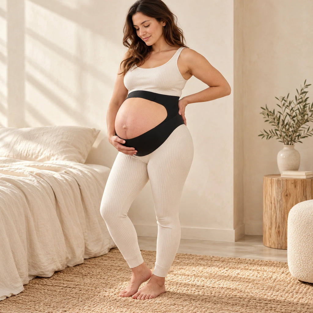 Adjustable Pregnancy Waist Support Belt, L Black, worn or used by an adult model