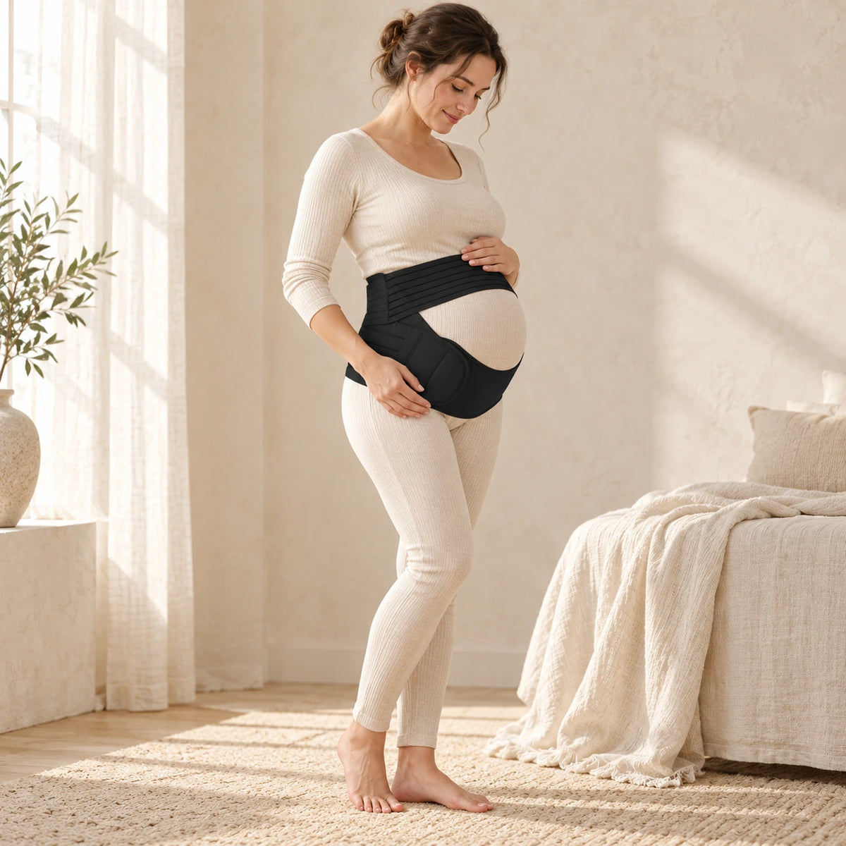Adjustable Maternity Belly Band, Black, worn or used by an adult model