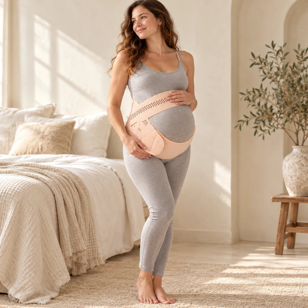 Adjustable Maternity Belly Band, Nude-B, worn or used by an adult model