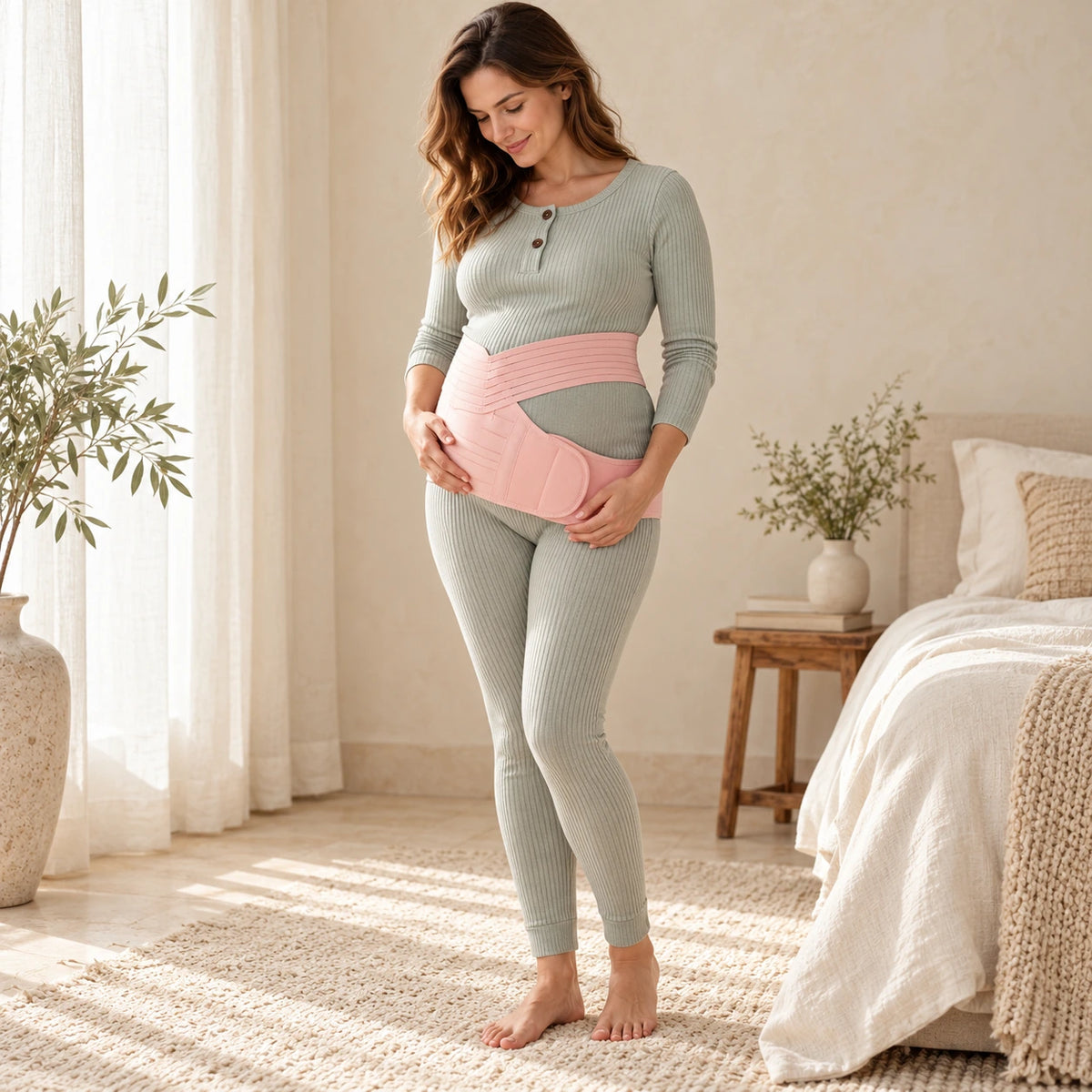 Adjustable Maternity Belly Band, Pink, worn or used by an adult model