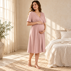 V-Neck Short-Sleeve Nursing Dress, B, shown on an adult model