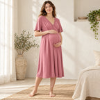 V-Neck Short-Sleeve Nursing Dress, C, worn or used by an adult model