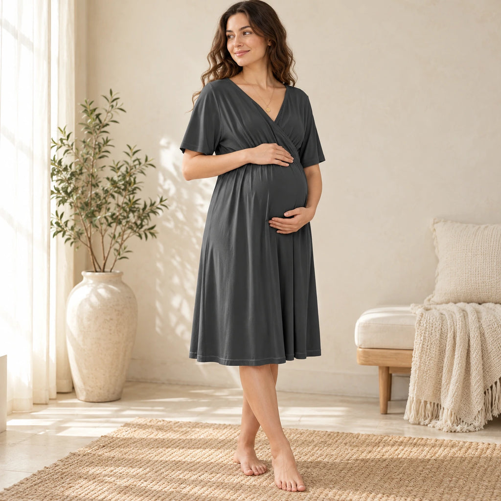 V-Neck Short-Sleeve Nursing Dress, G, worn or used by an adult model