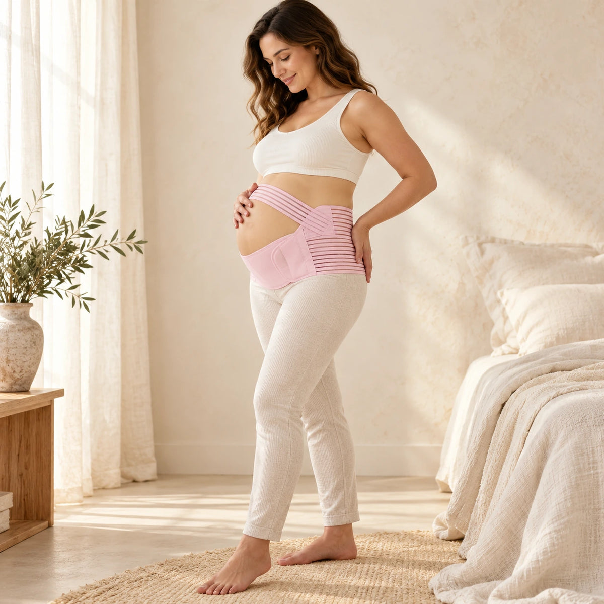 Three-Piece Maternity Support Belt Set, PINK, worn or used by an adult model