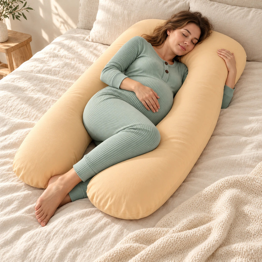 Full-Body Pregnancy Pillow — 130 × 70 cm, H, worn or used by an adult model