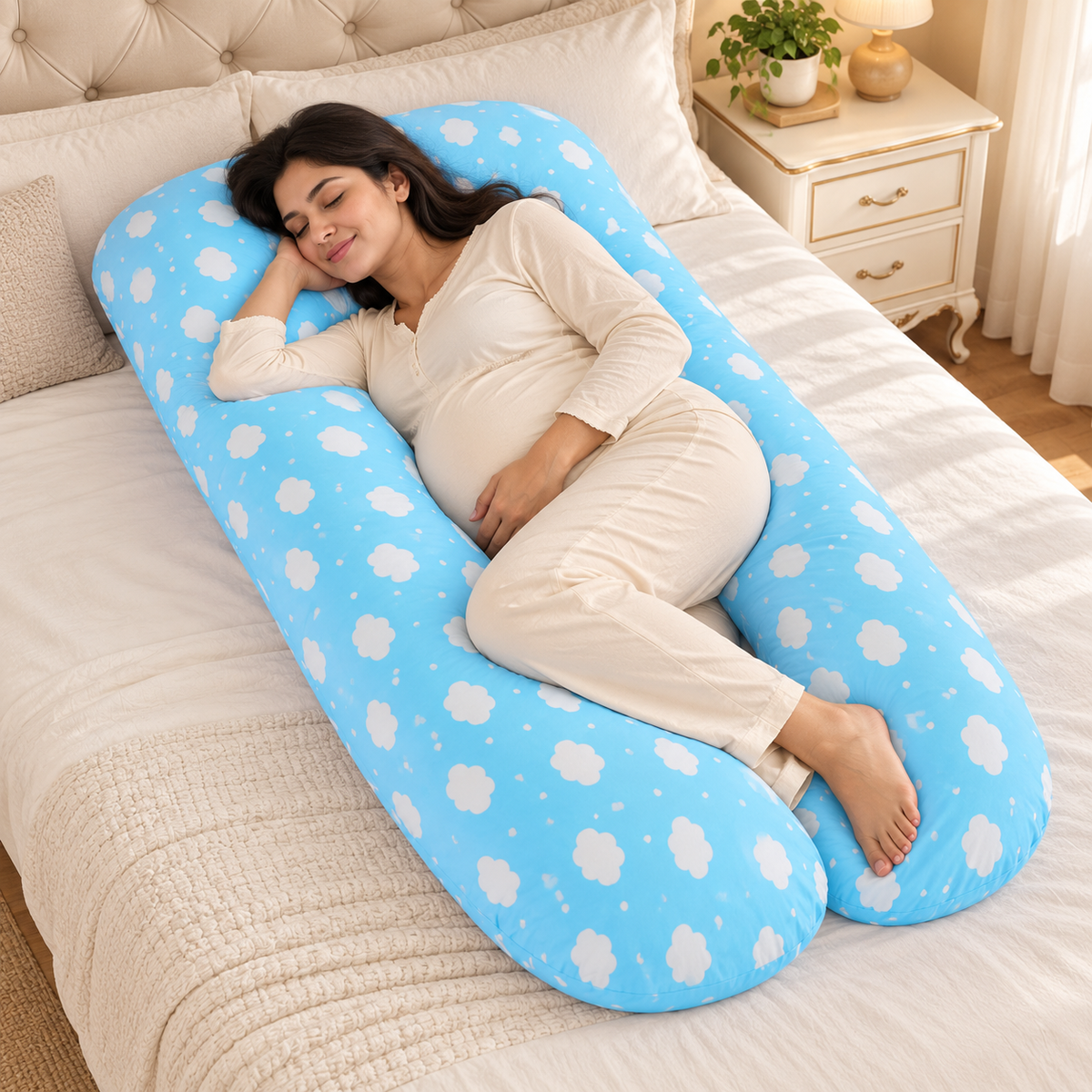 Full-body pregnancy pillow — Blue Cloud Print, used by an adult woman on cream linen