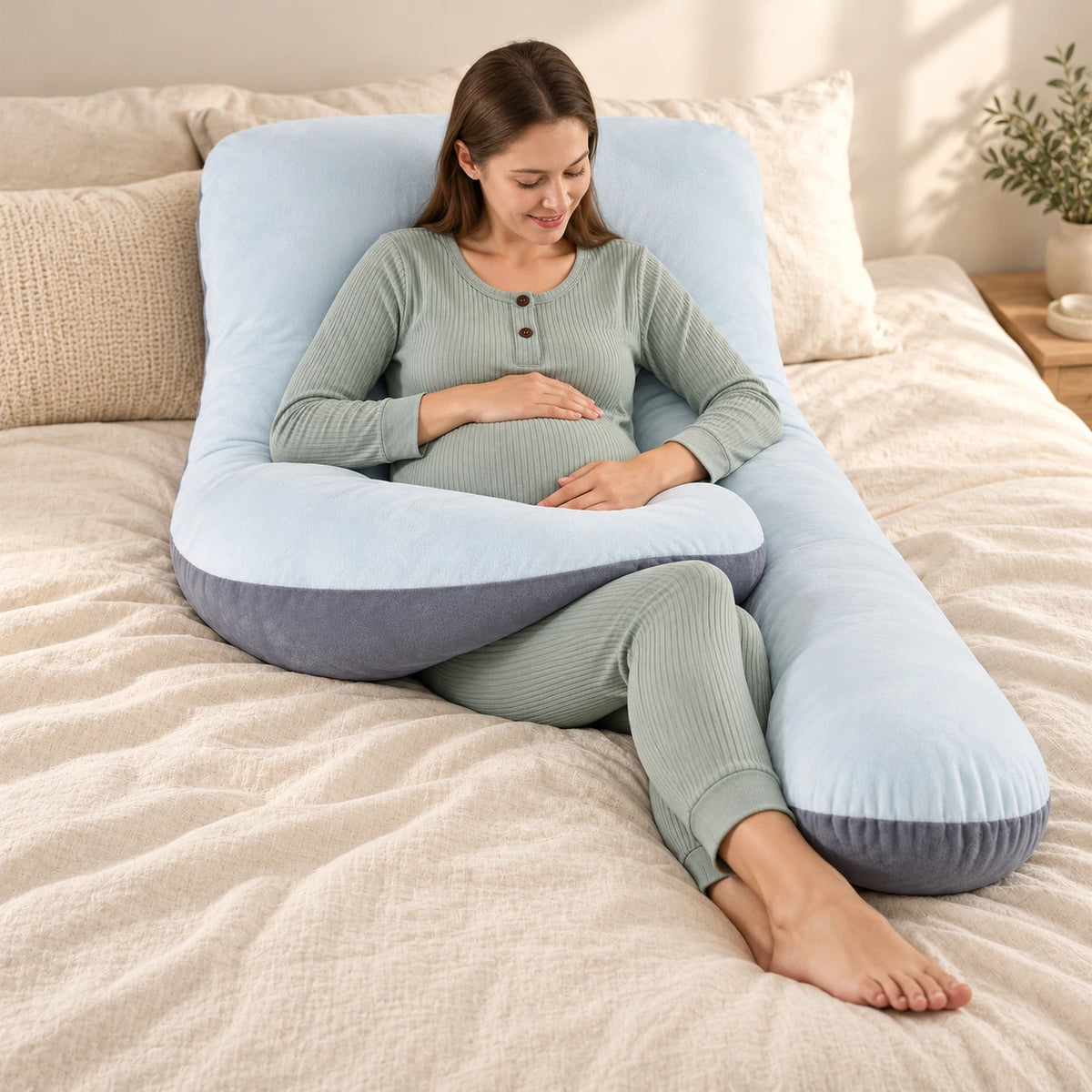 Full-Body Pregnancy Pillow — 130 × 70 cm, B, worn or used by an adult model