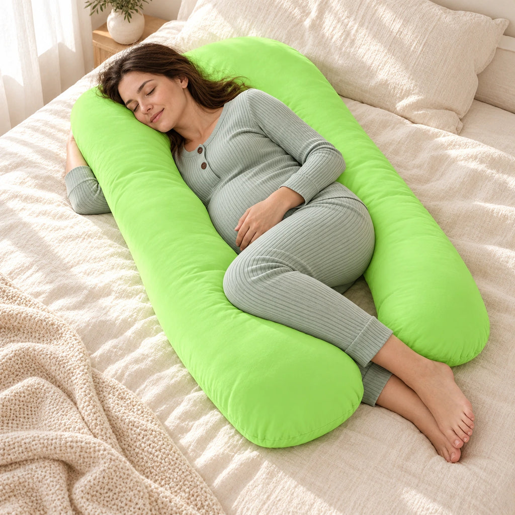 Full-Body Pregnancy Pillow — 130 × 70 cm, I, worn or used by an adult model