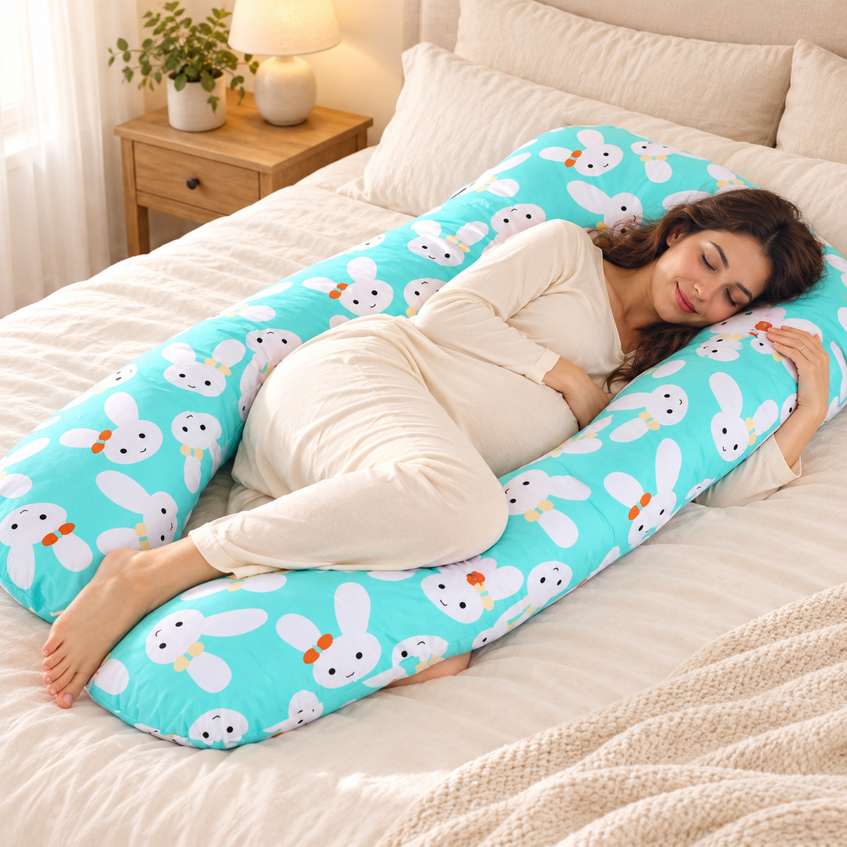 Full-body pregnancy pillow, turquoise rabbit print, used by an adult woman on cream linen