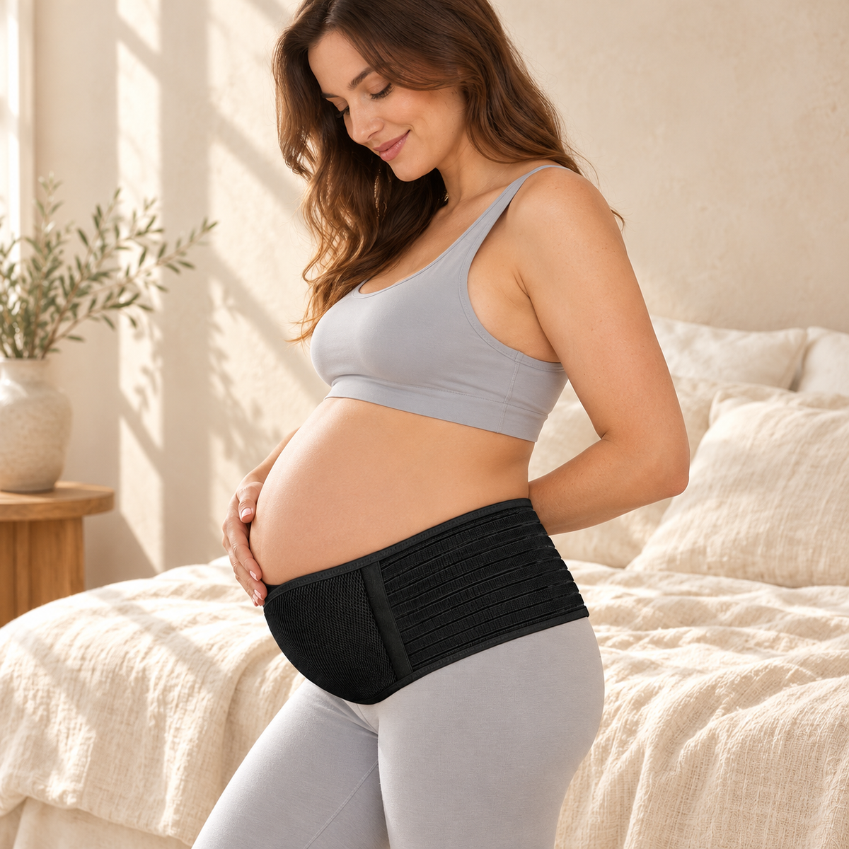 Adjustable Prenatal Belly Support Belt, BLACK, shown on an adult model