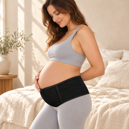 Adjustable Prenatal Belly Support Belt, BLACK, shown on an adult model