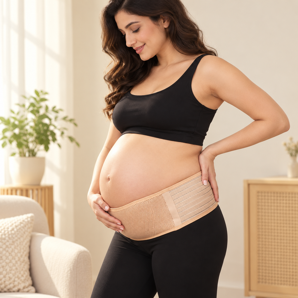 Beige prenatal belly support belt, worn by an adult model