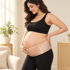 Beige prenatal belly support belt, worn by an adult model