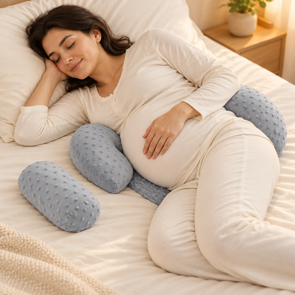 Pregnancy Pillow with Two Auxiliary Cushions — Gray — used by adult model