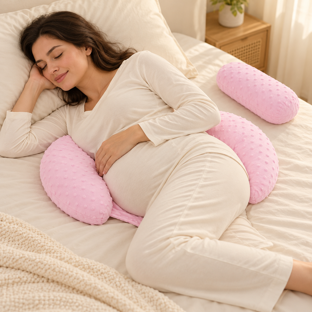 Pregnancy Pillow with Two Auxiliary Cushions — Pink — used by adult model