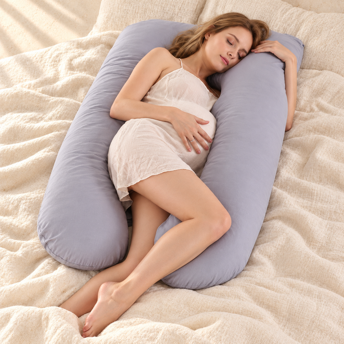 Detachable U-Shaped Pregnancy Pillow, GRAY, shown on an adult model