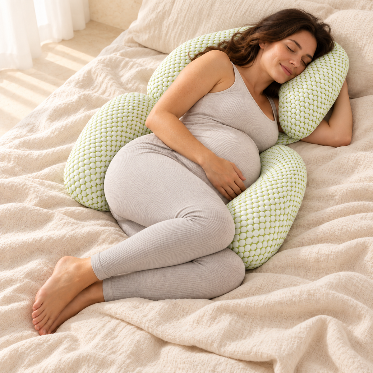 U-Shaped Side-Sleeping Pregnancy Pillow — Green — used by adult model