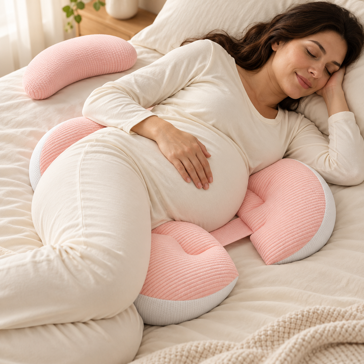 Adjustable Pregnancy Pillow with Auxiliary Cushion — Pink Waffle — used by adult model