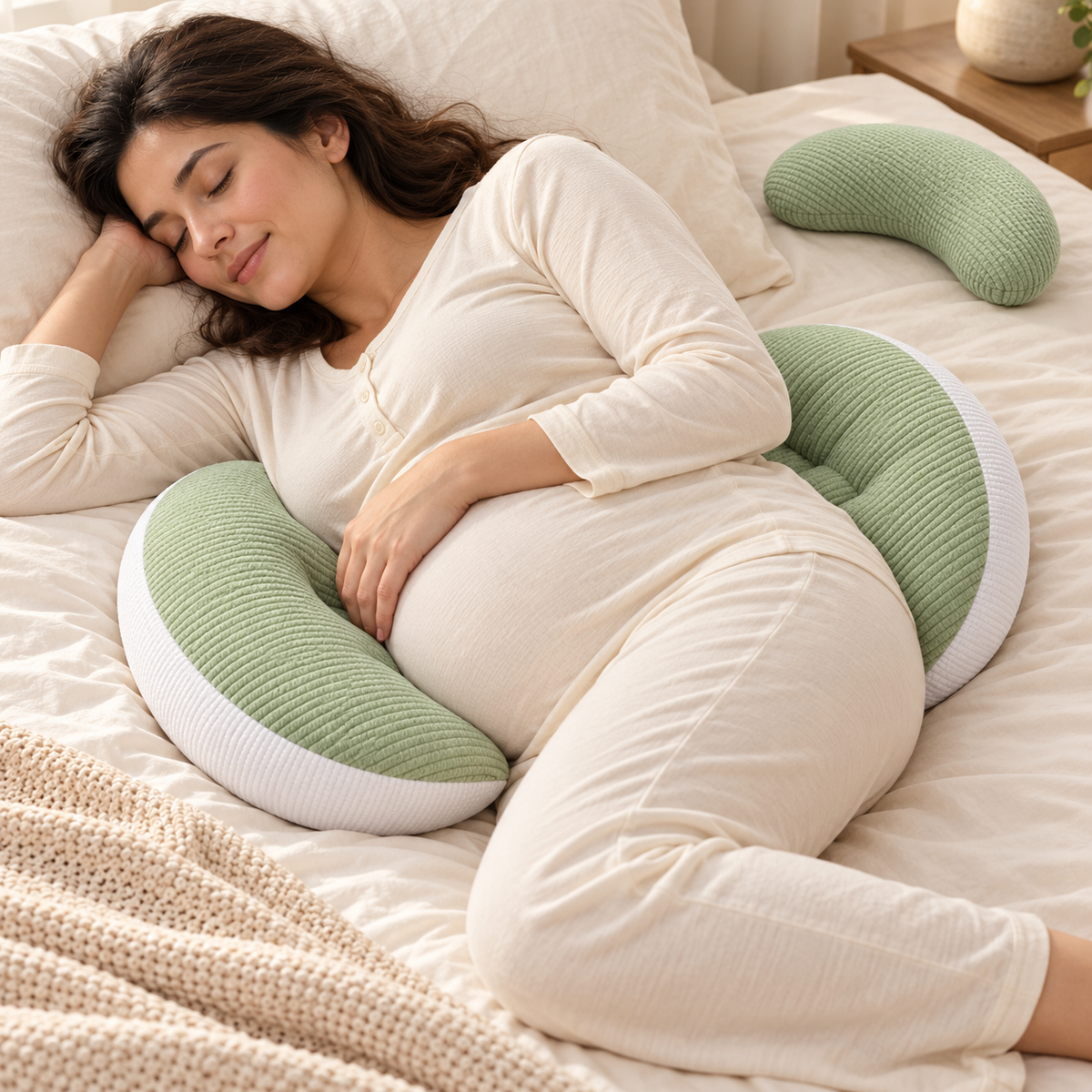 Adjustable Pregnancy Pillow with Auxiliary Cushion — Green Waffle — used by adult model
