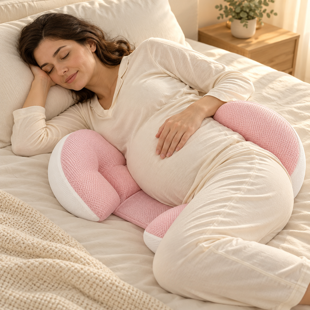 Adjustable Pregnancy Pillow with Auxiliary Cushion — Pink Mesh — used by adult model