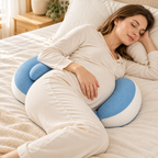 Compact Double-Wedge Maternity Support Pillow — Blue — used by adult model