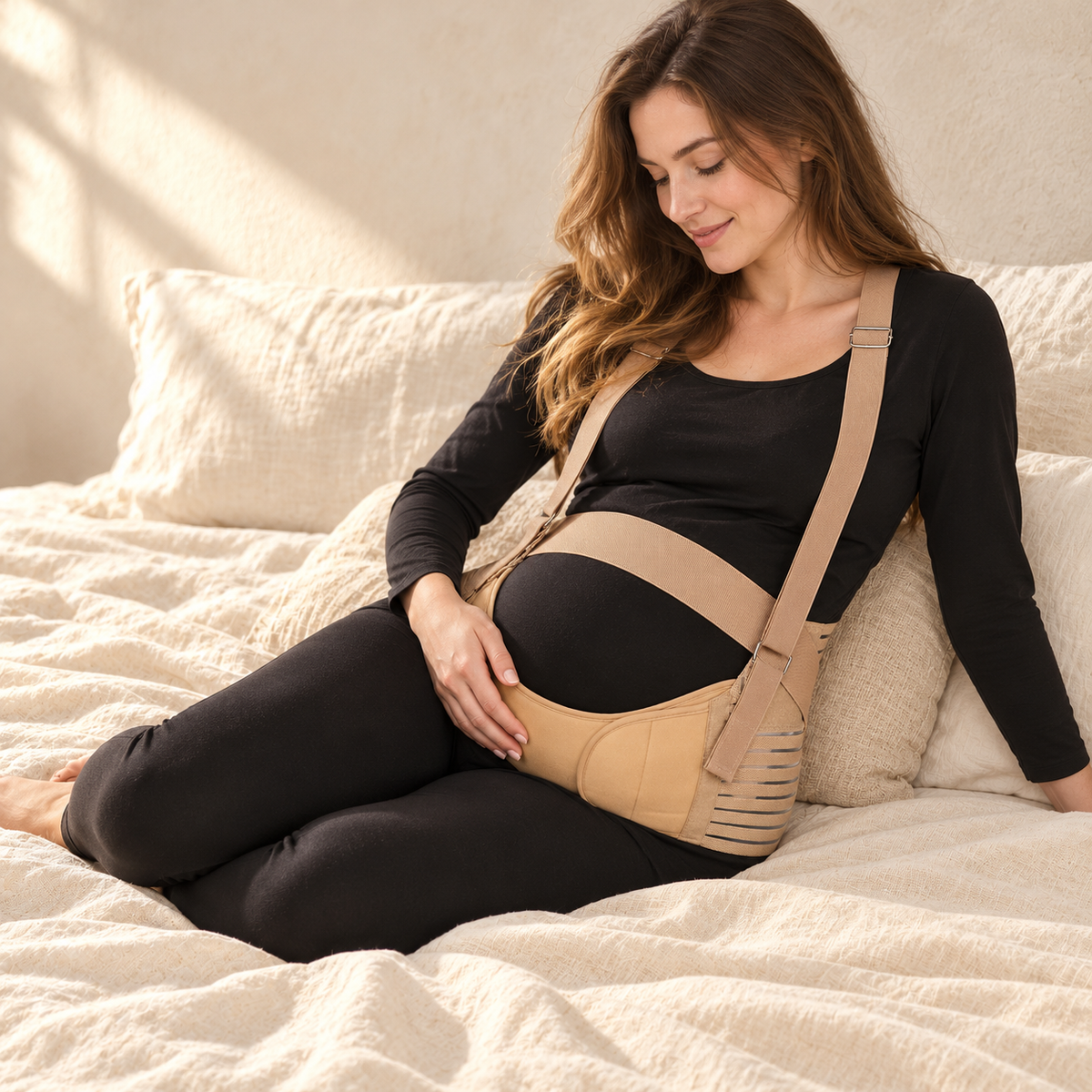 Everyday Pregnancy Belly Support Belt, Dark Khaki, shown on an adult model