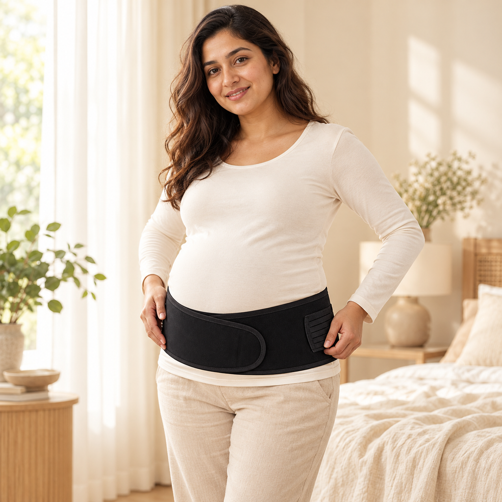 Maternity Waist Support Band — Black, demonstrated over clothing on an adult model