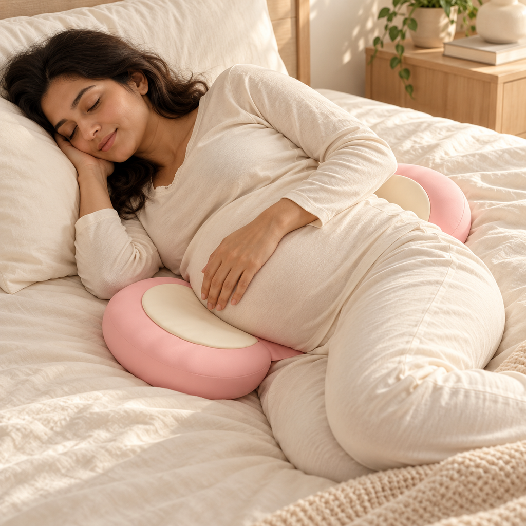 Memory-Foam Pregnancy Wedge Pillow — pink — used by adult model