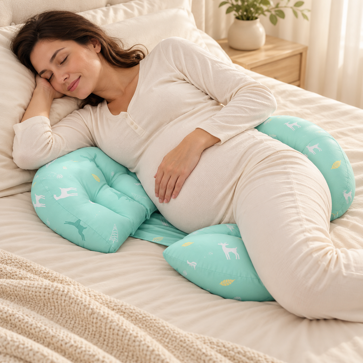 Adjustable Maternity Waist Support Pillow — Mint Deer — used by adult model