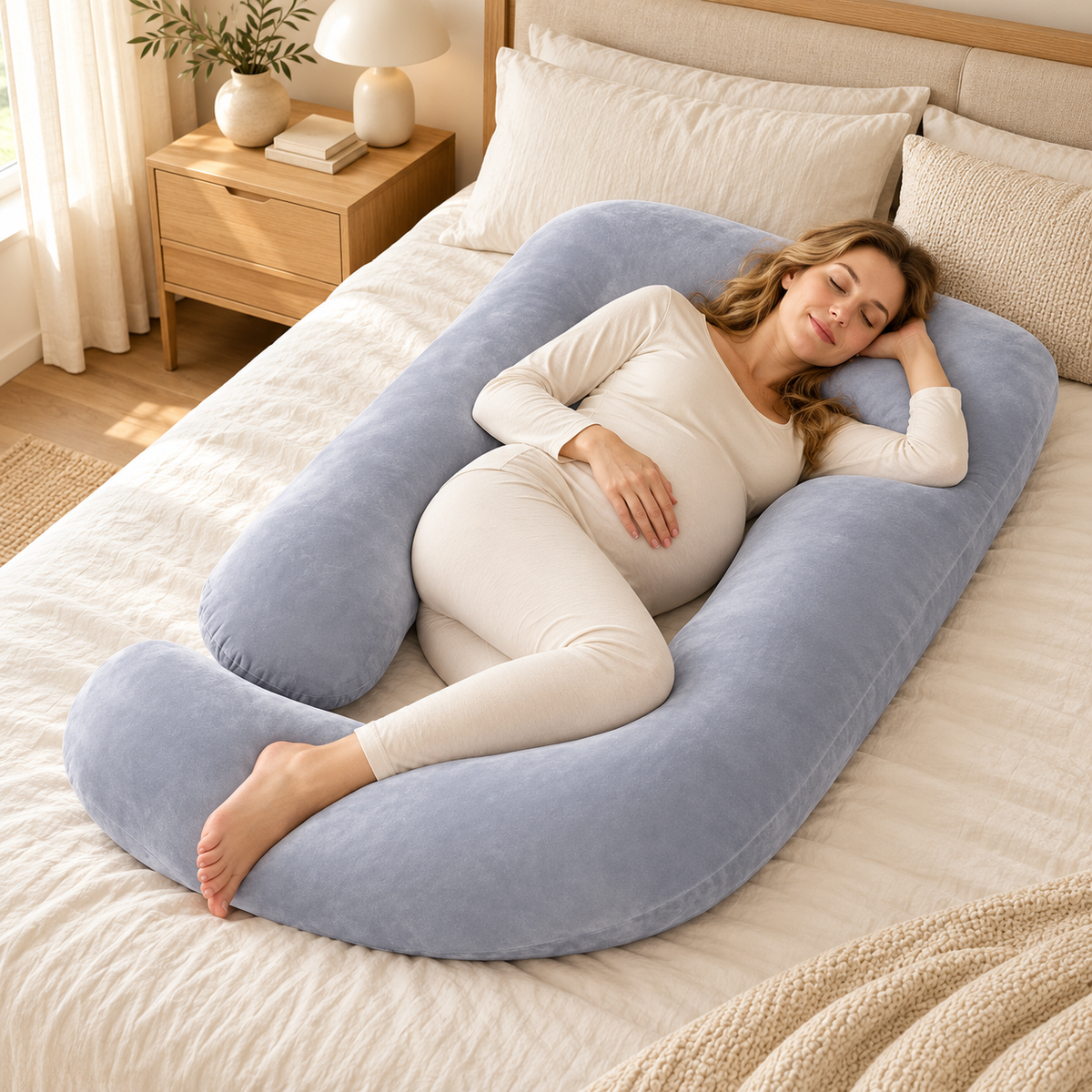 Full-Body Pregnancy Pillow with Washable Cover — Light Grey — used by adult model