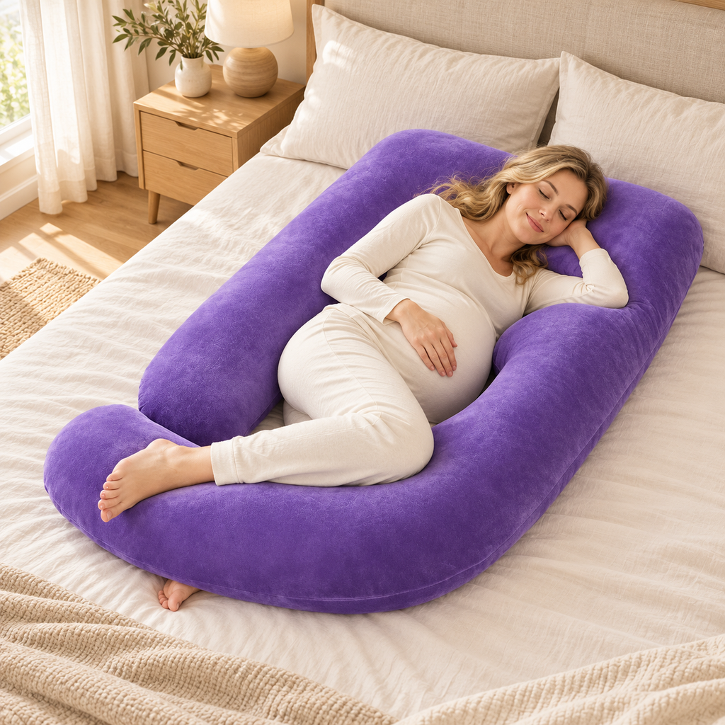 Full-Body Pregnancy Pillow with Washable Cover — Purple — used by adult model